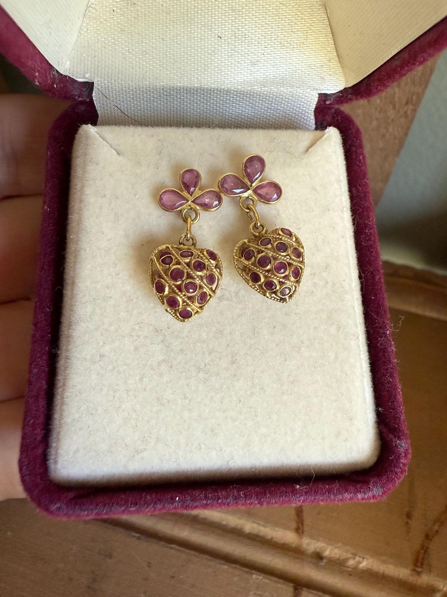 Vintage 18K Yellow Gold Natural Ruby Set Double Sided Heart Earrings