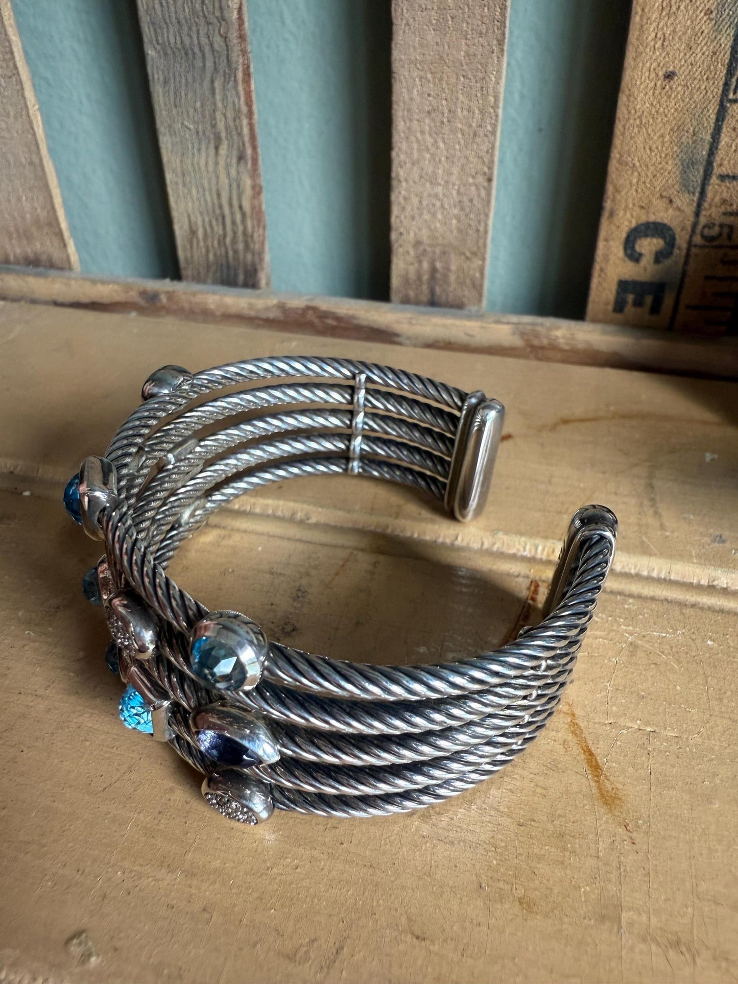 David Yurman Confetti Topaz and Iolite and Diamond Twisted Cable Cuff Bracelet