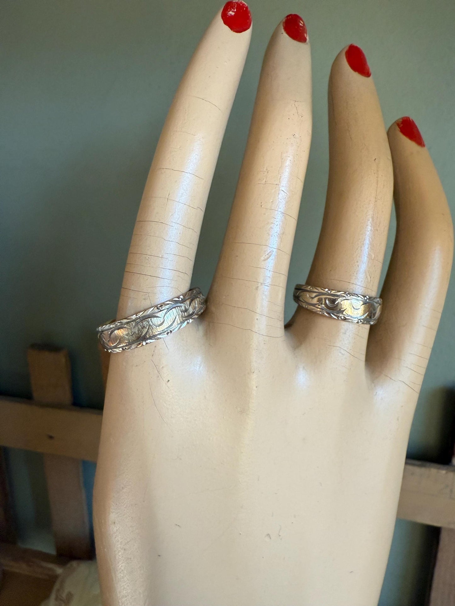 A Rare Matching Mid Century Bi Color 14K Engraved Wedding Bands