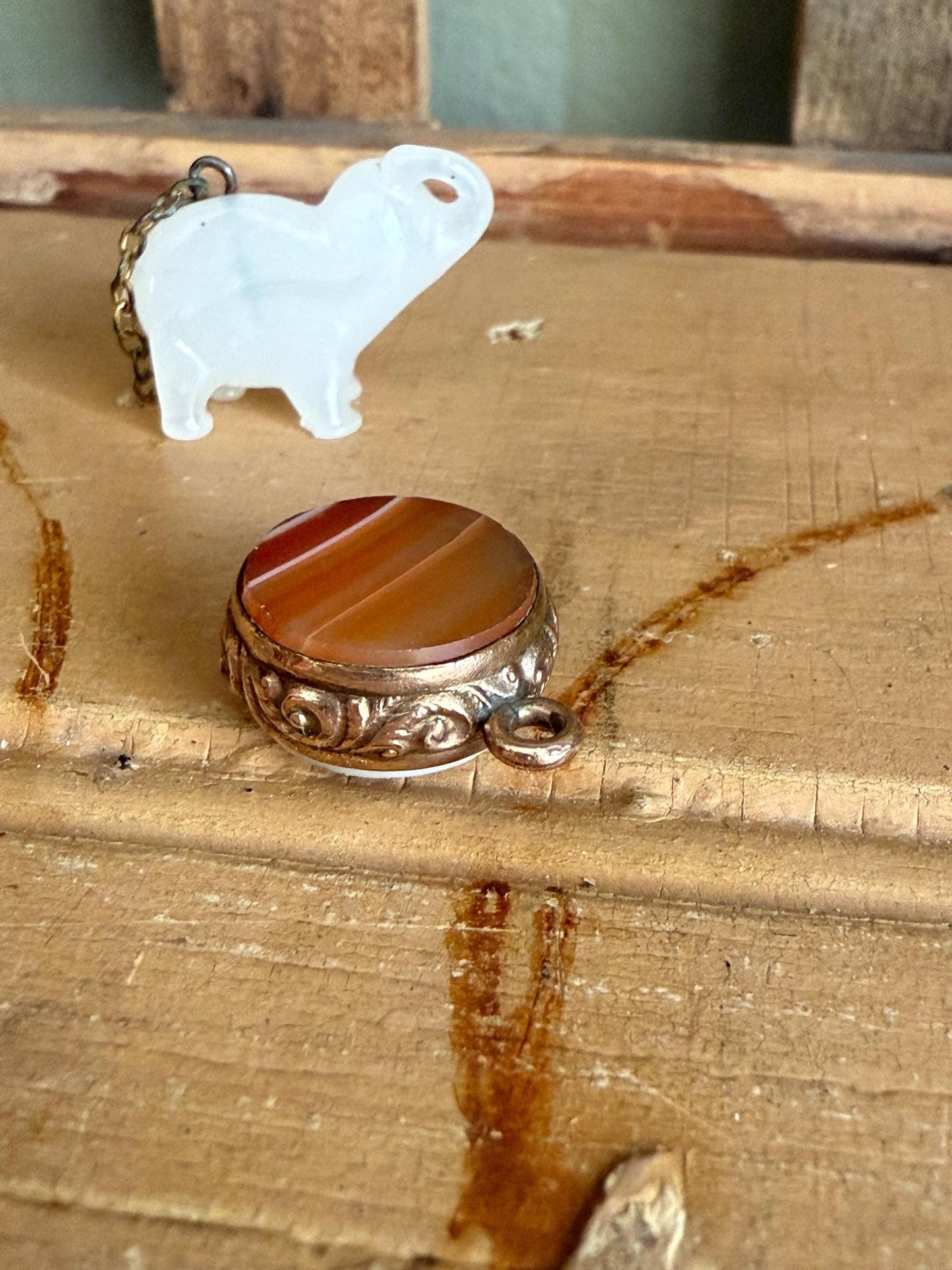 Pick One or Both Antique Glass Czechoslovakian Elephant and A Victorian Agate Double Sided Charm