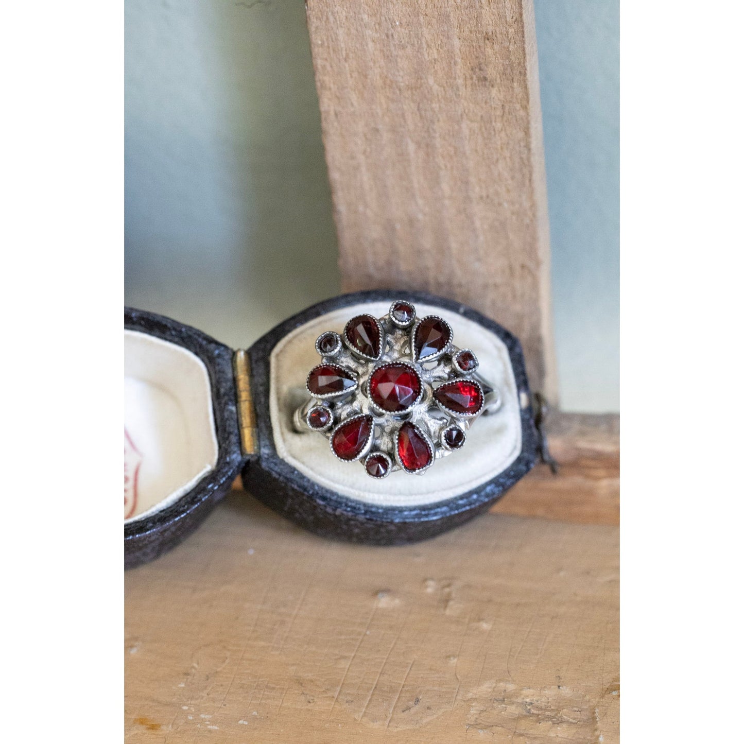 Antique Austro Hungarian Bohemian Cut Garnet Ring in Silver