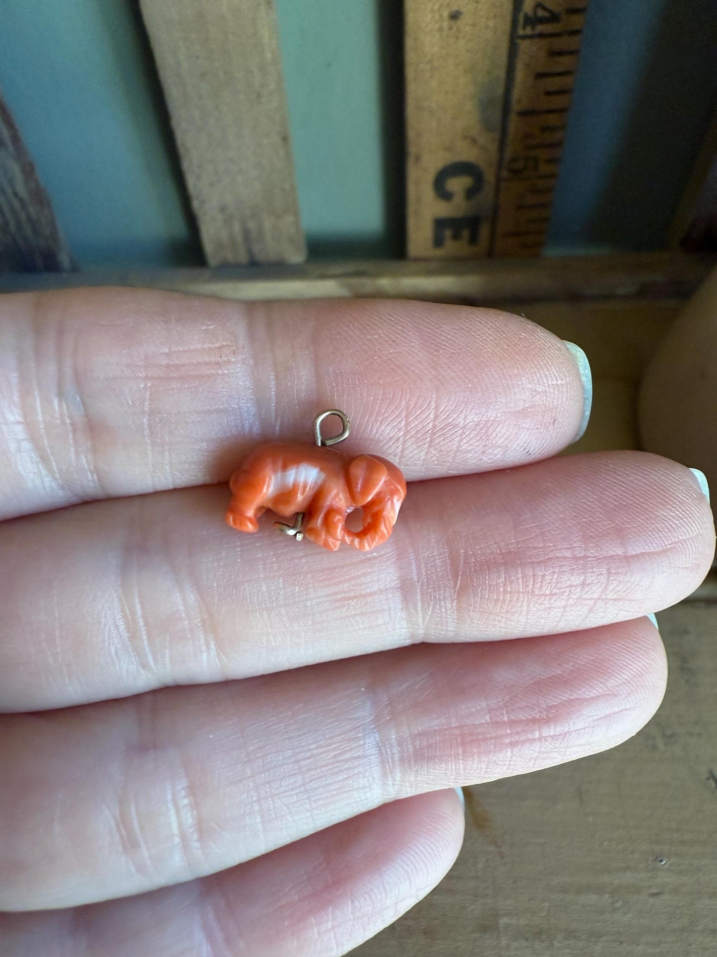 Antique 10K Yellow Gold Mini Hand Carved Coral Elephant Charm / Pendant
