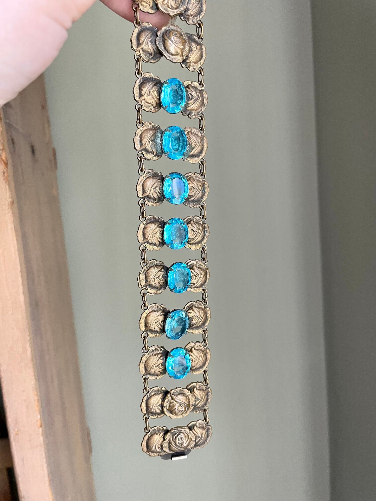 Late Edwardian Early Art Deco Aqua Paste Brass Alloy Wide Bracelet