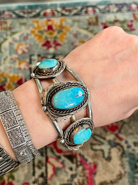 1970’s Vintage Navajo Bezel Set Turquoise Cuff Bracelet