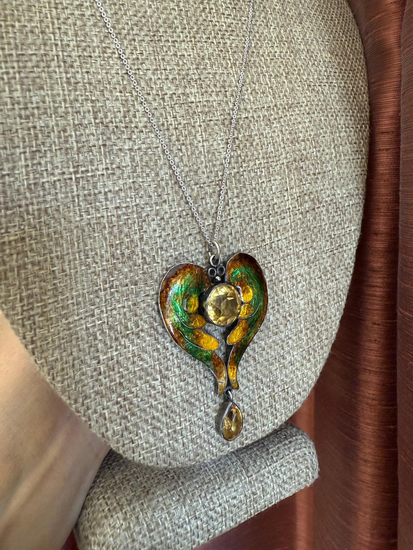 An Antique Arts and Crafts Handmade Silver Enamel Wings Citrine Pendant