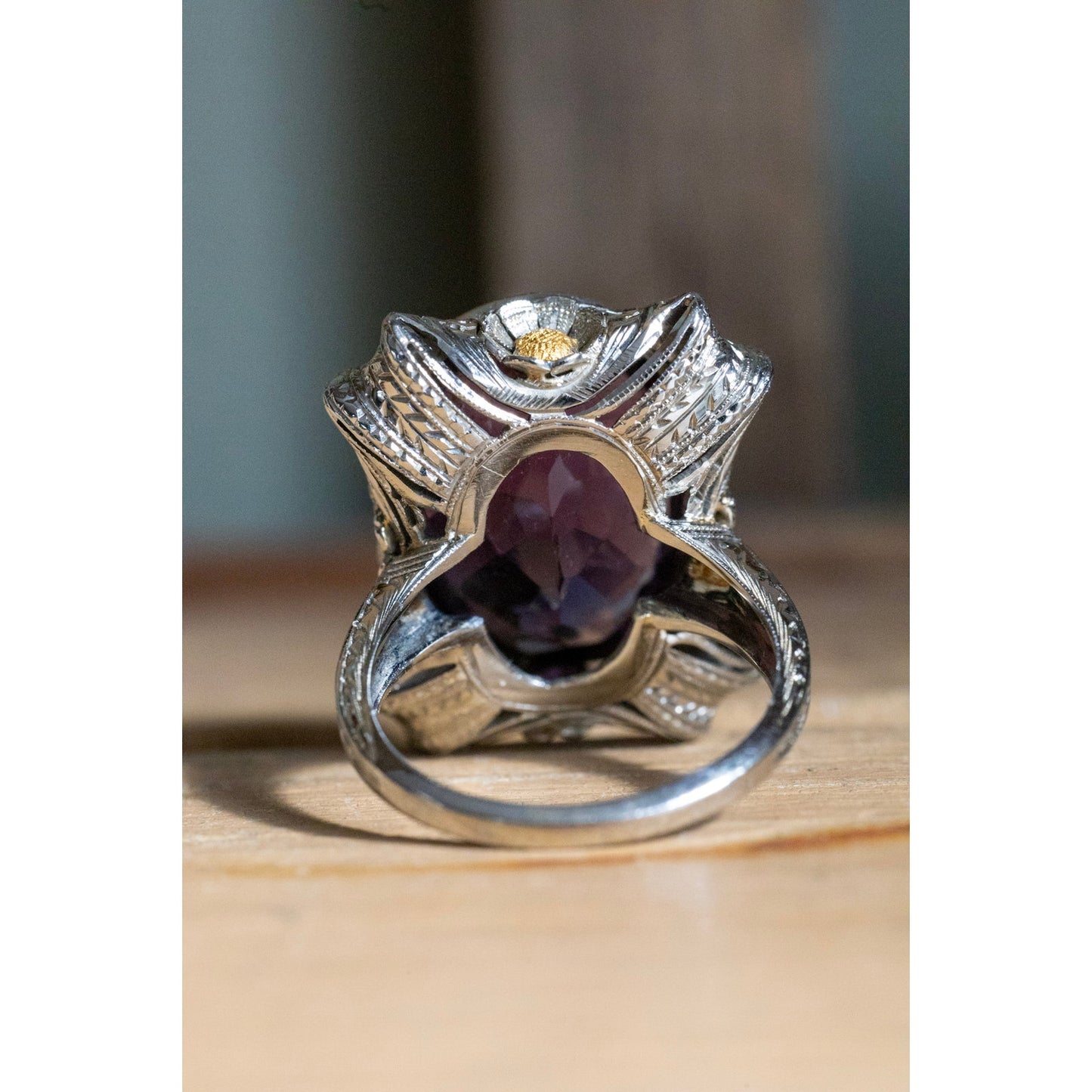 An 18K White and Yellow Gold Fine Amethyst Authentic Art Deco Ring
