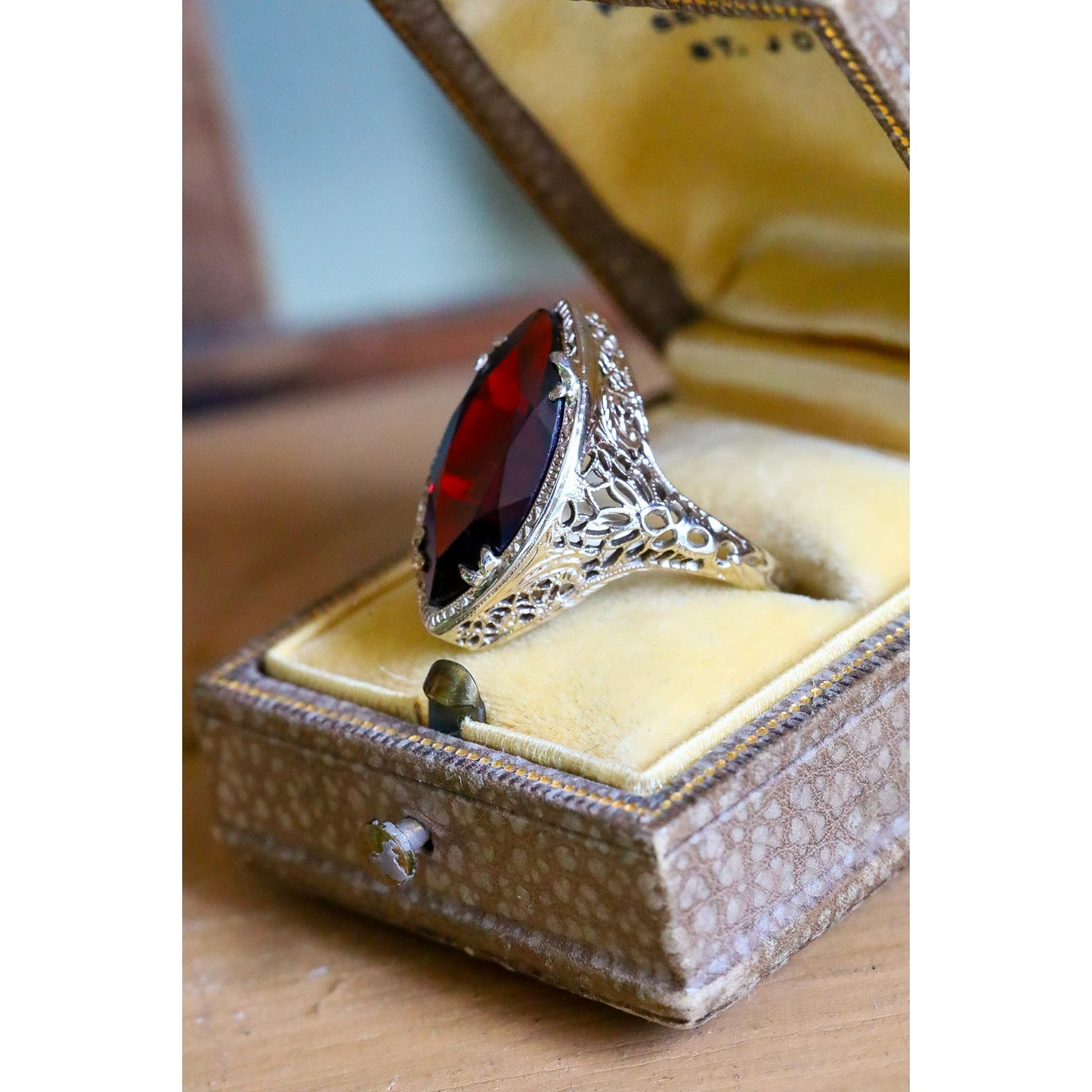 Art Deco 14K White Gold Marquis Cut Garnet Filigree Ring