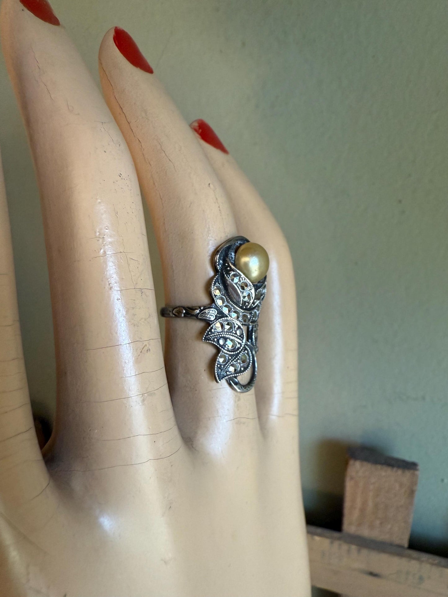 Sterling Silver c1920-1930 Art Deco Marcasite Pearl Rose Ring