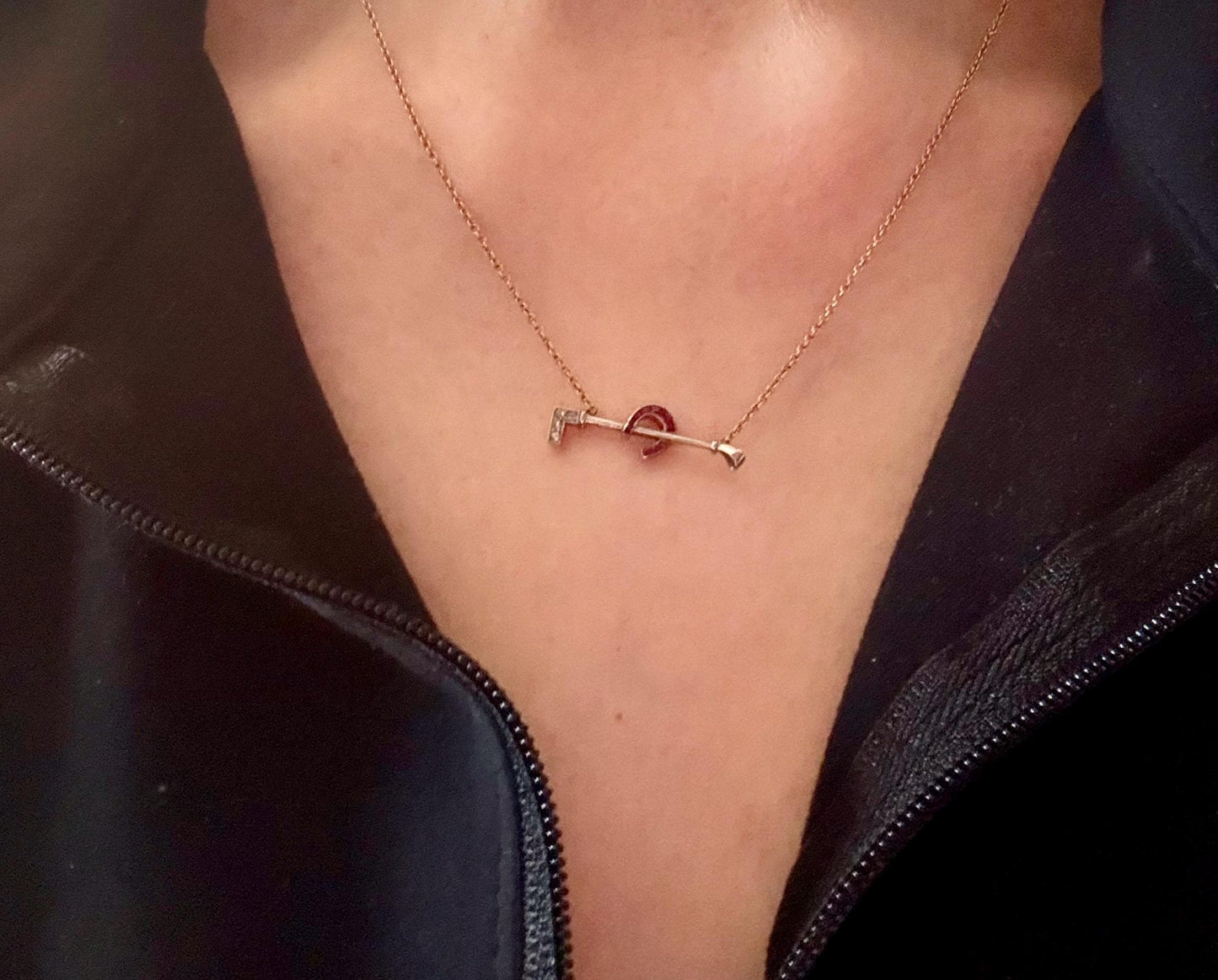 c1930 14K Yellow and White Gold Horse Crop and Lucky Ruby Set Horseshoe Necklace