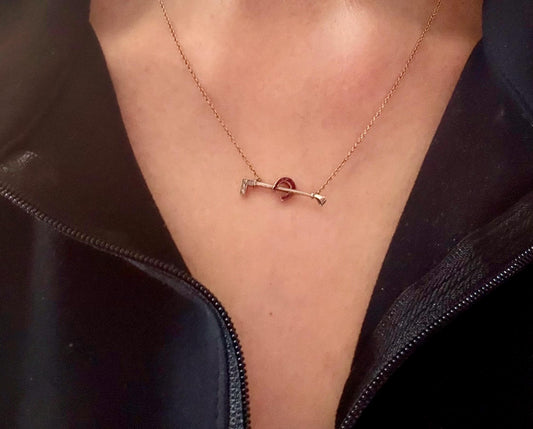 c1930 14K Yellow and White Gold Horse Crop and Lucky Ruby Set Horseshoe Necklace