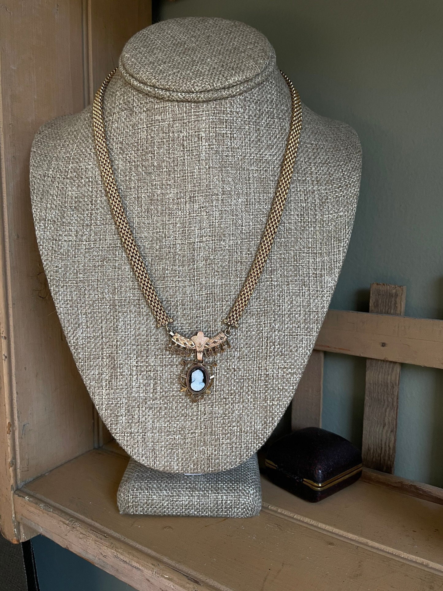 c1880 Victorian Rose Gold Filled Necklace with Sardonyx Carved Cameo