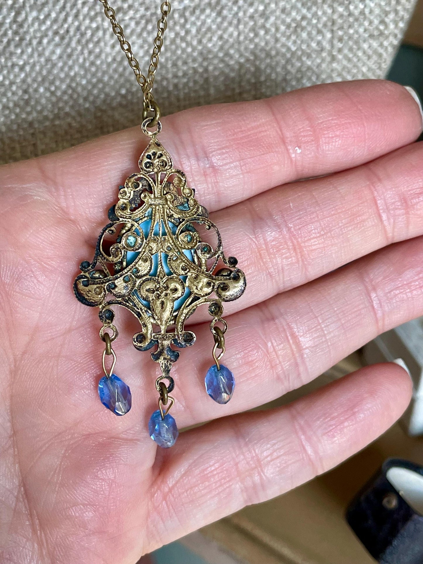 Edwardian Czechoslovakia Robins Egg Blue Enamel Pendant on Chain