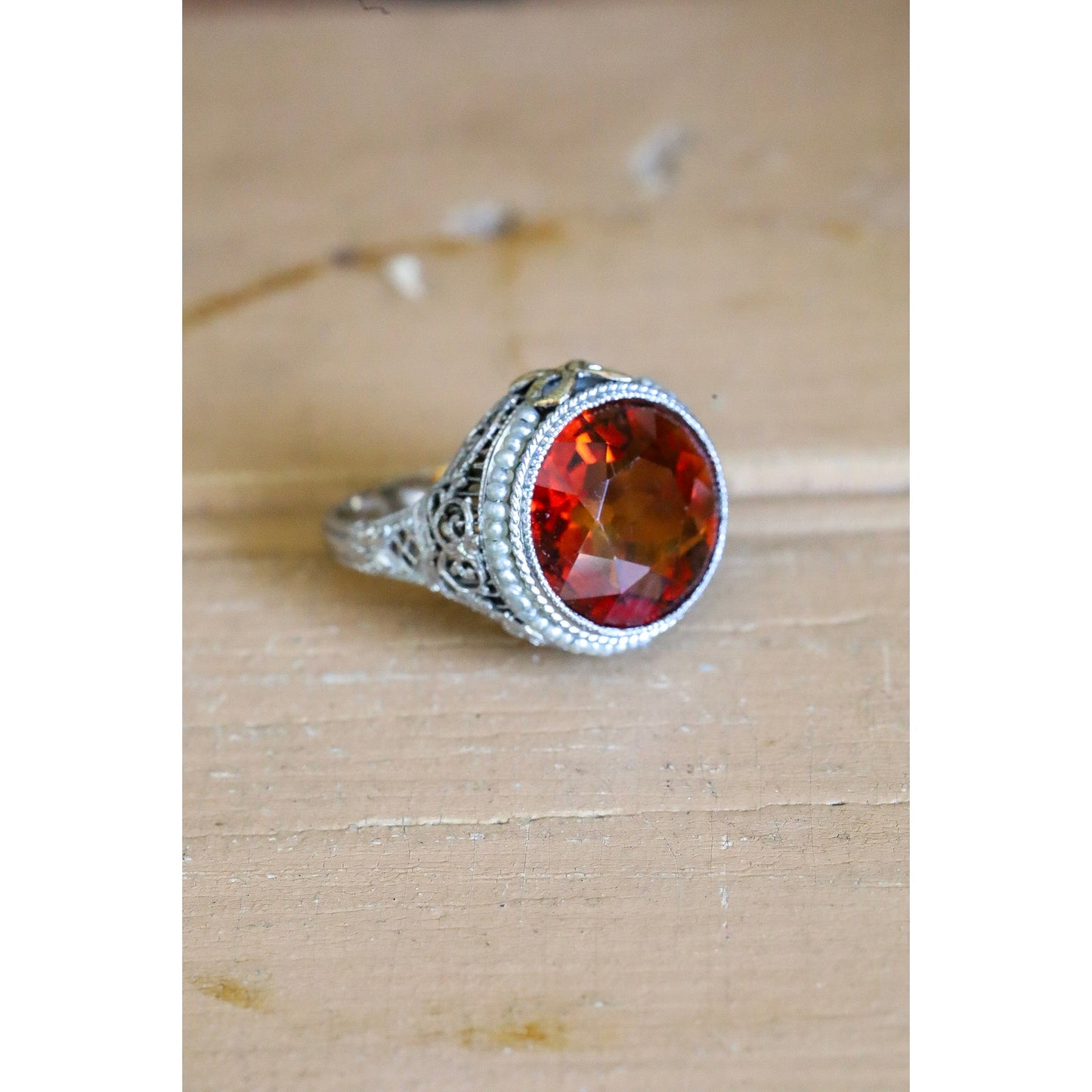 14K White Gold Authentic Art Deco Citrine Ring with Seed Pearl Halo