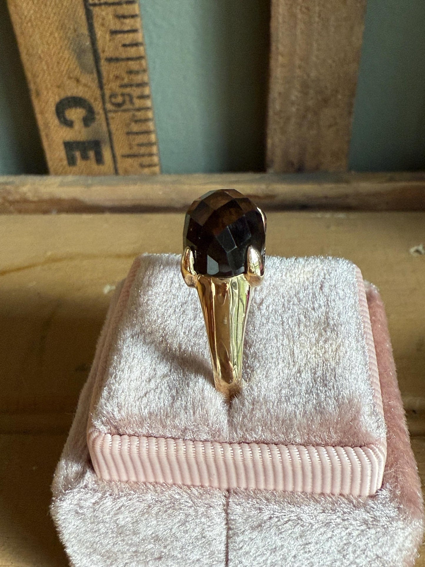 Vintage 14K Yellow Gold Checkerboard Cut Cabochon Smoky Quartz and Diamond Ring