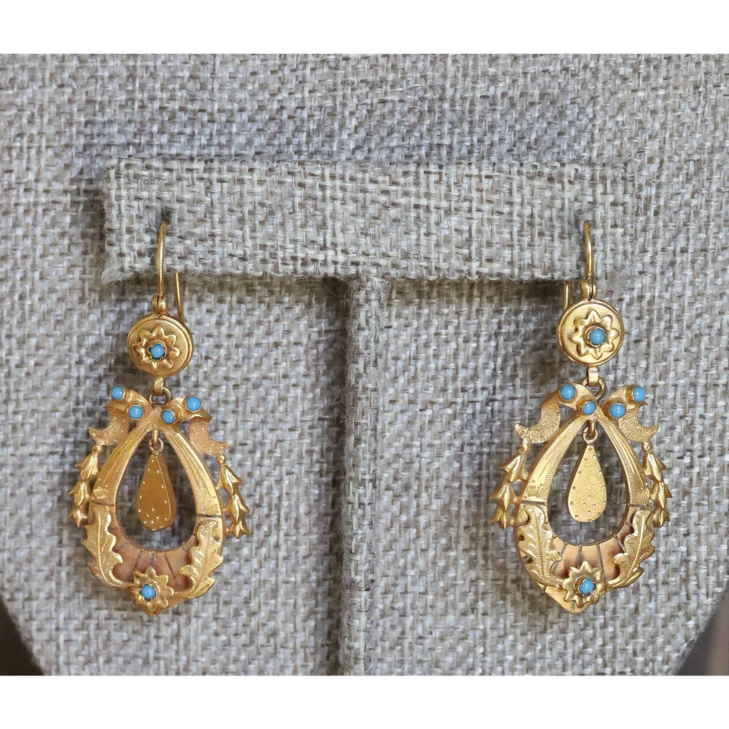 Antique Victorian 14K Yellow Gold Turquoise Set Dangle Earrings