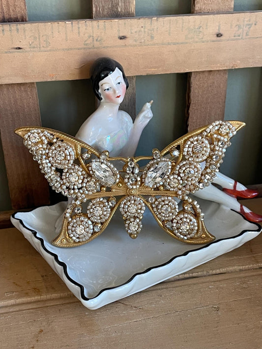 Huge Miriam Haskell Designer Butterfly Brooch French Glass Pearls and Rhinestones