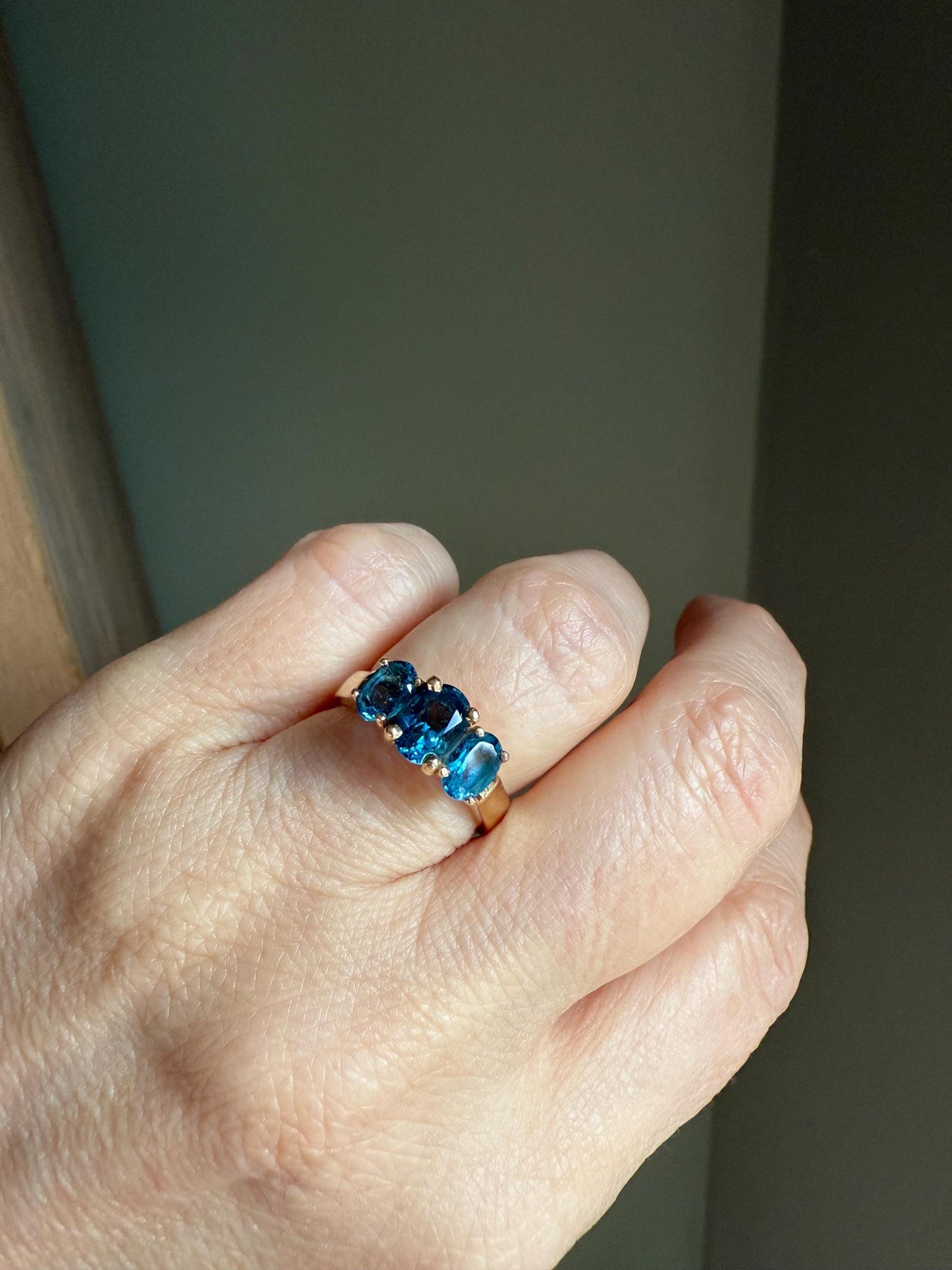 14K Yellow Gold Three Oval Cut London Blue Topaz Ring