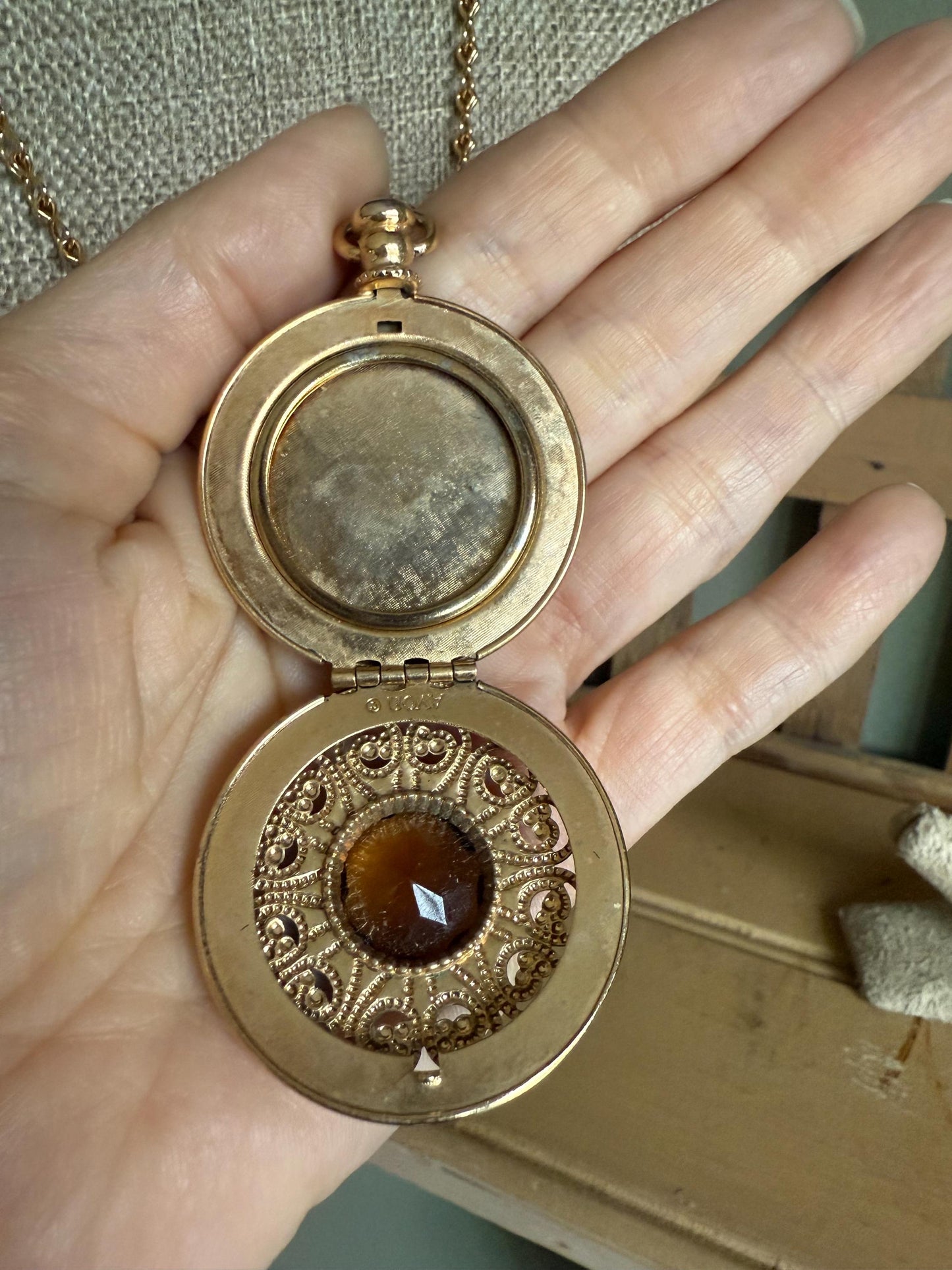 c1970 Costume Round Glass Citrine Like Stone Set Locket on Long Chain
