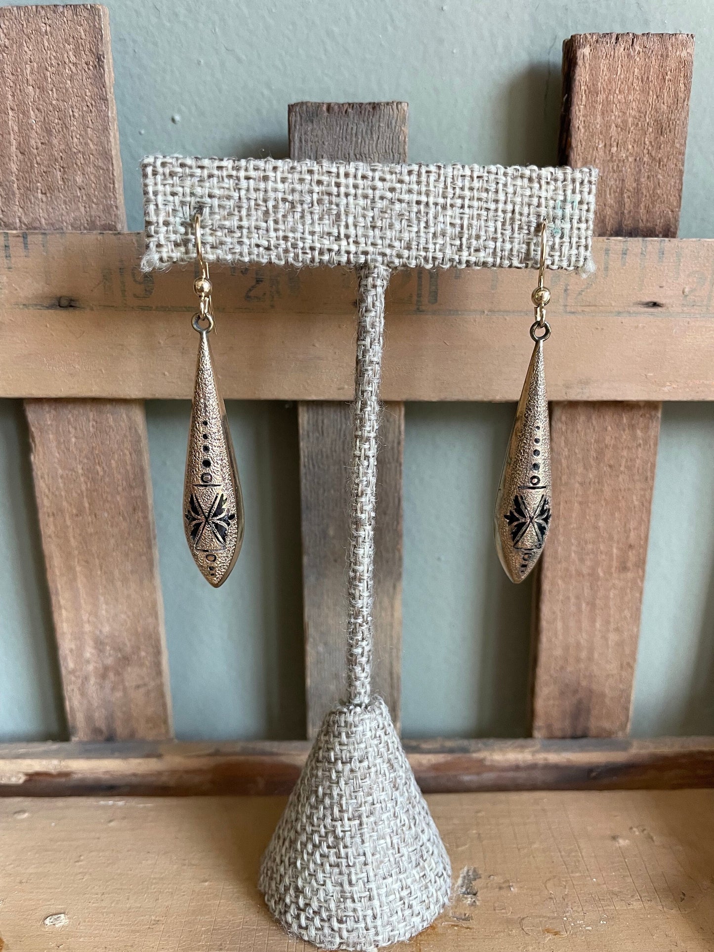 c1880 Victorian Gold Filled Black Tracery Enamel Torpedo Earrings