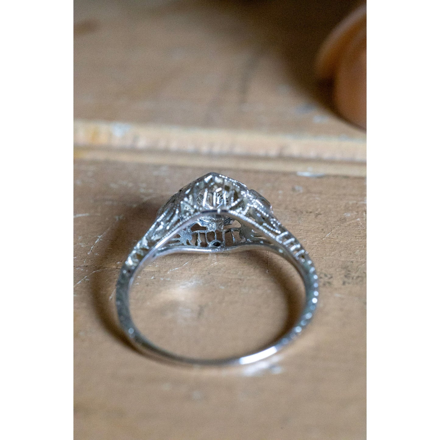 1930-1940's Art Deco 18K White Gold Old European Cut Diamond and Sapphire Filigree Ring