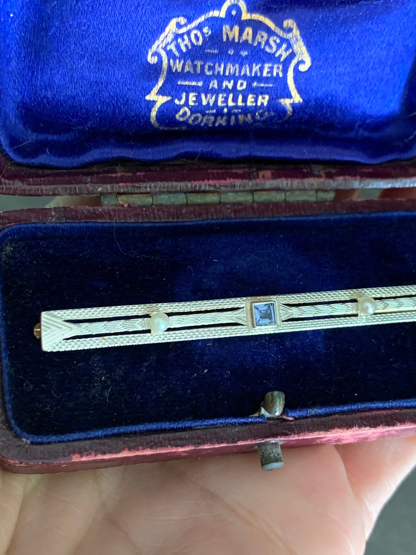 c1920 14K Yellow Gold Allsopp - Bliss Topaz Seed Pearl Bi-Color Bar Brooch