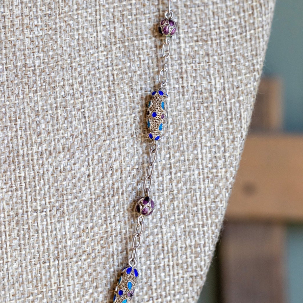 Antique Silver Chinese Export Filgree Enamel Bead Necklace