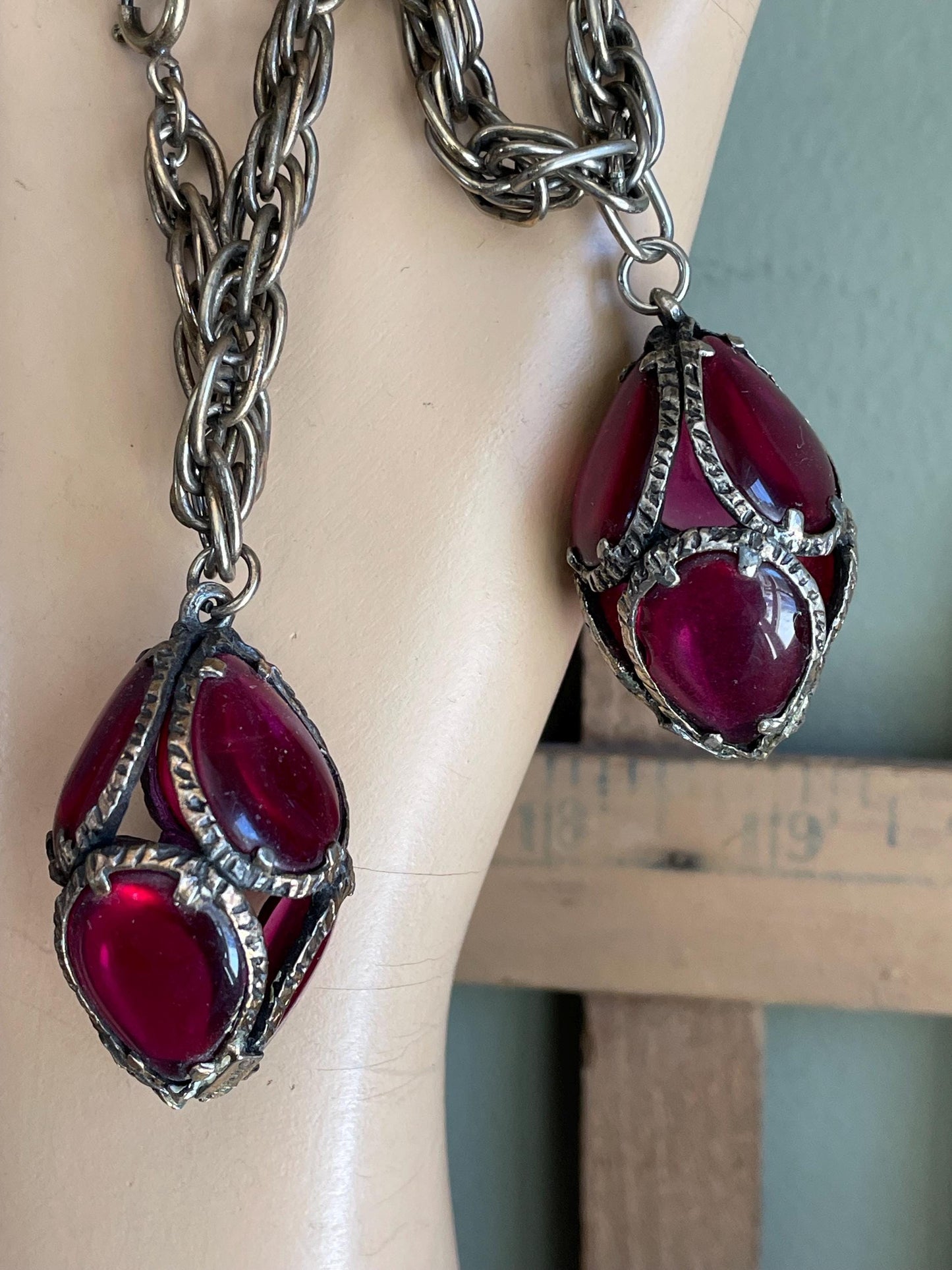 Vintage Trifari Cranberry Glass Dangle Bracelets, Renaissance Collection
