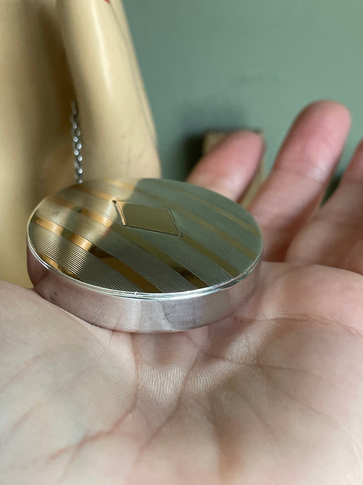 Antique Sterling & 14K Rose Gold Compact - Engine Turned Design