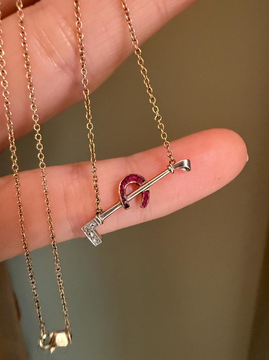 c1930 14K Yellow and White Gold Horse Crop and Lucky Ruby Set Horseshoe Necklace