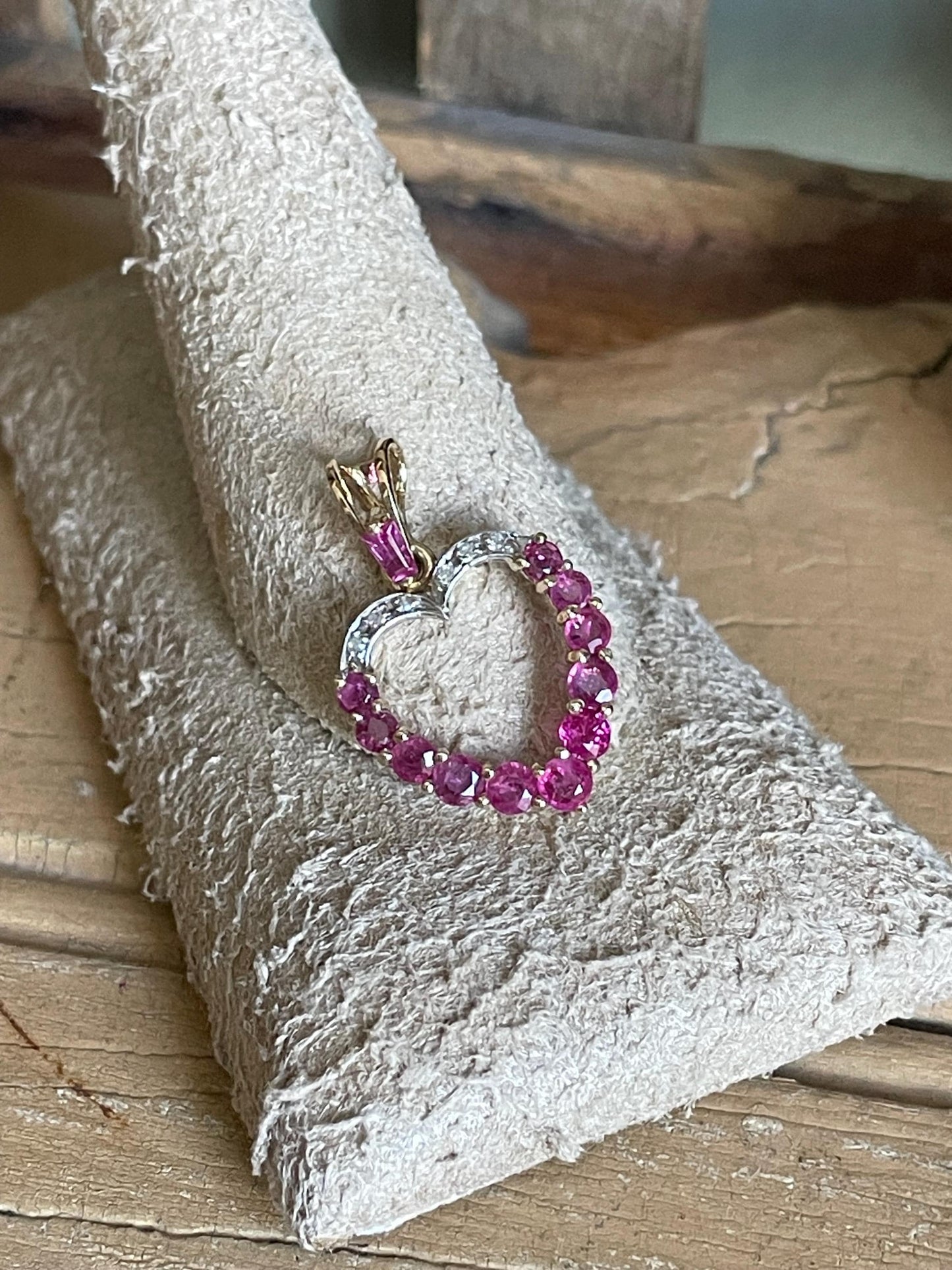 HOLD Vintage 14K Yellow and White Gold Ruby and Diamond Open Heart Pendant