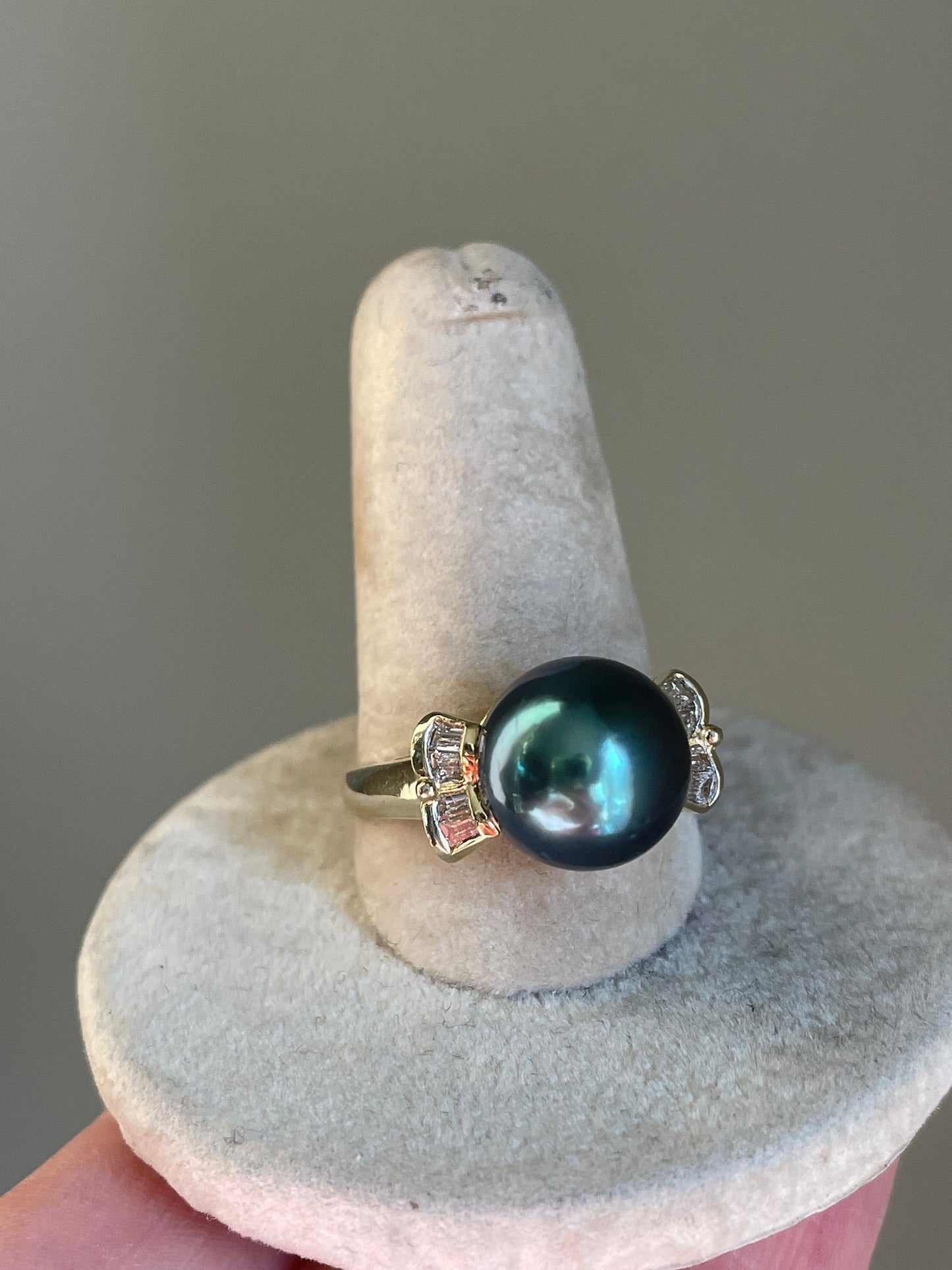 14K Yellow Gold 11mm Tahitian Pearl & Baguette Cut Diamond Ring