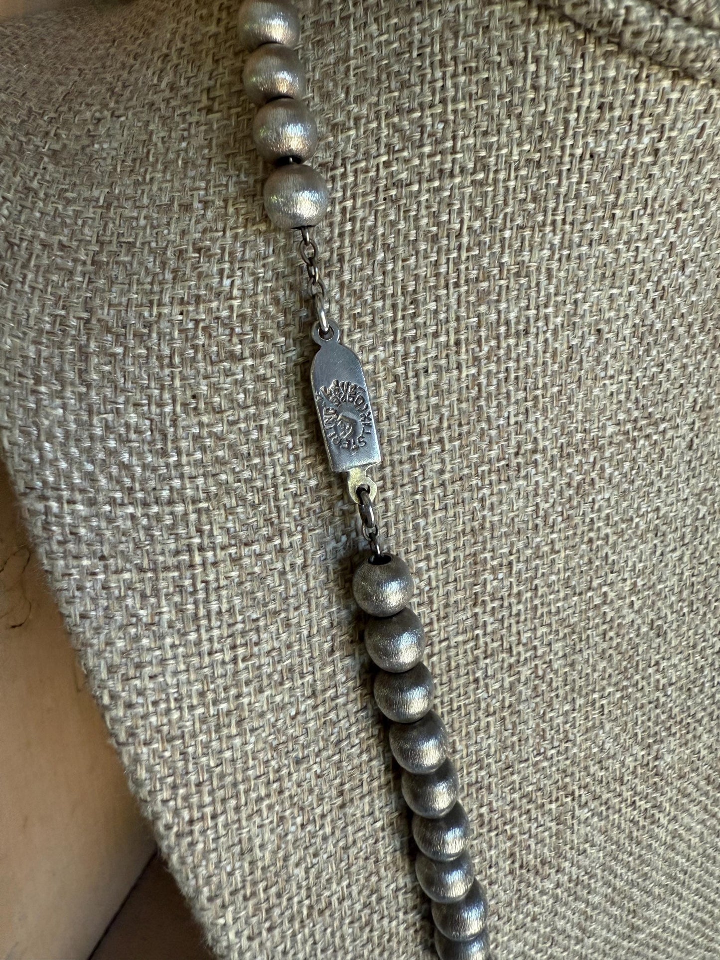 Vintage Sterling Silver Mexican Pearl Brushed Sterling Silver Bead Necklace