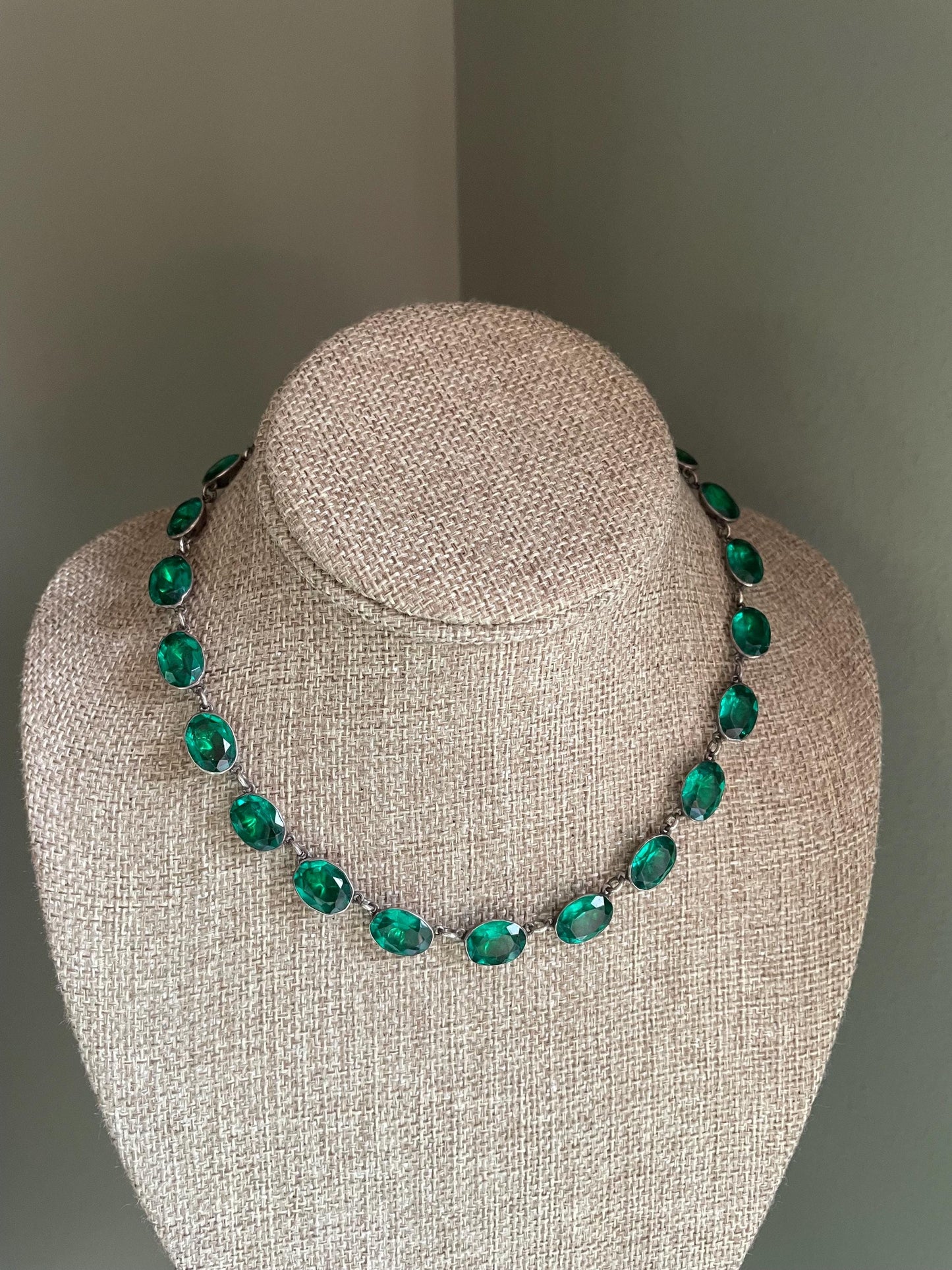 Antique Riviere Green Paste Silver Necklace c1900
