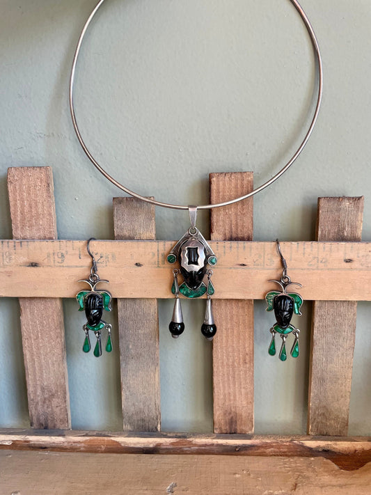 Matching Mexican Mask Sterling Silver Necklace and Earrings Onyx Malachite