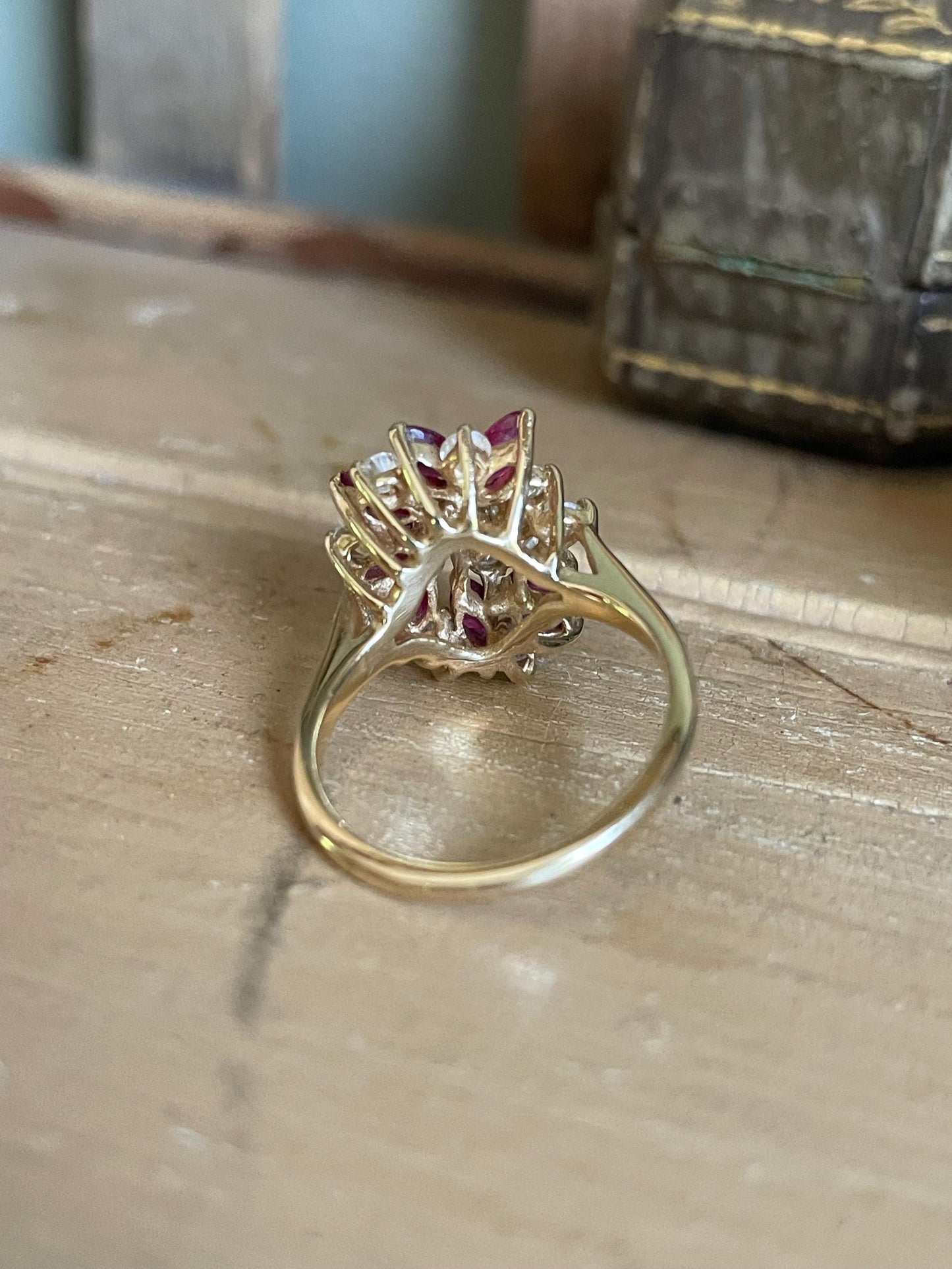 A 14K Yellow Gold Vintage Ring Featuring Natural Ruby and Diamond Spray