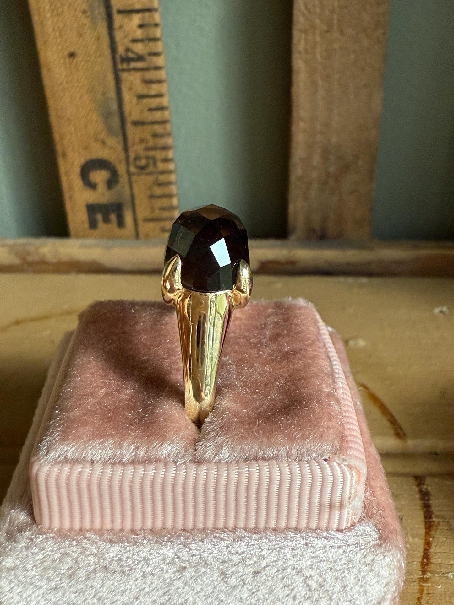 Vintage 14K Yellow Gold Checkerboard Cut Cabochon Smoky Quartz and Diamond Ring