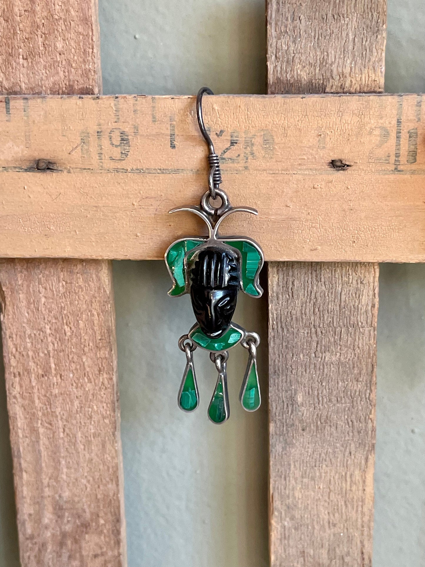 Matching Mexican Mask Sterling Silver Necklace and Earrings Onyx Malachite