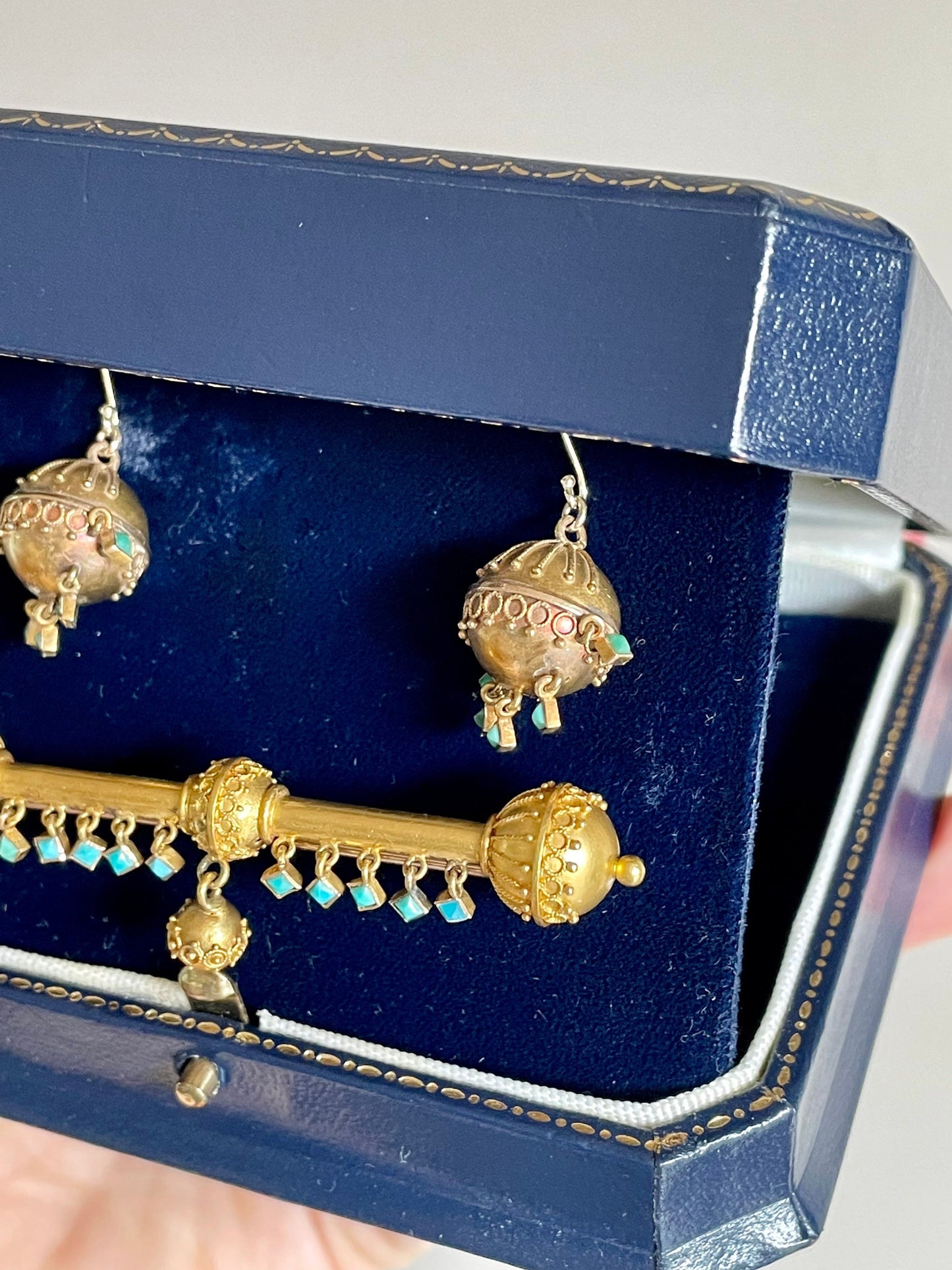 c1880 Demi Parure Victorian 14K Yellow Gold Turquoise Earrings and Brooch