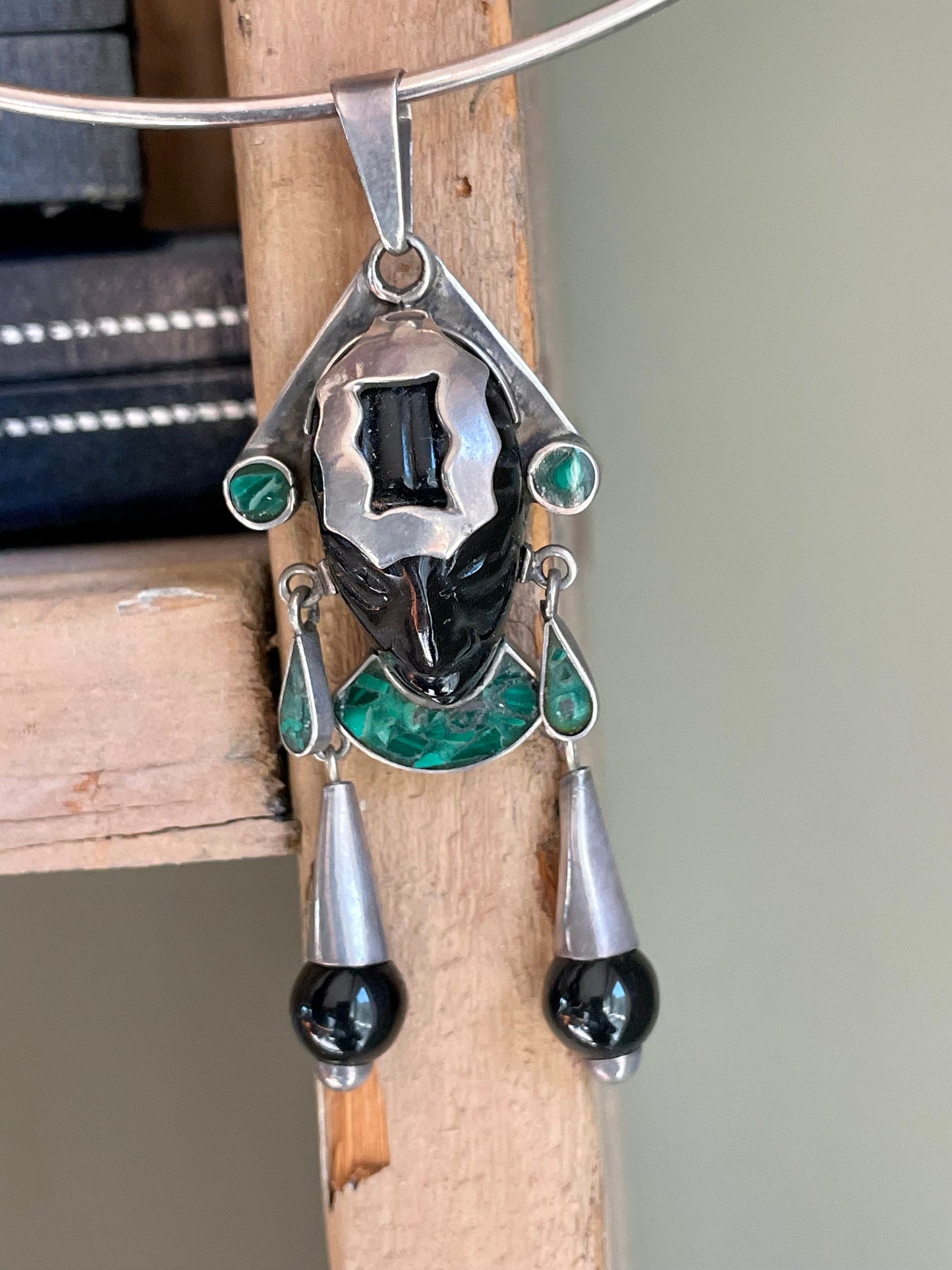 Matching Mexican Mask Sterling Silver Necklace and Earrings Onyx Malachite