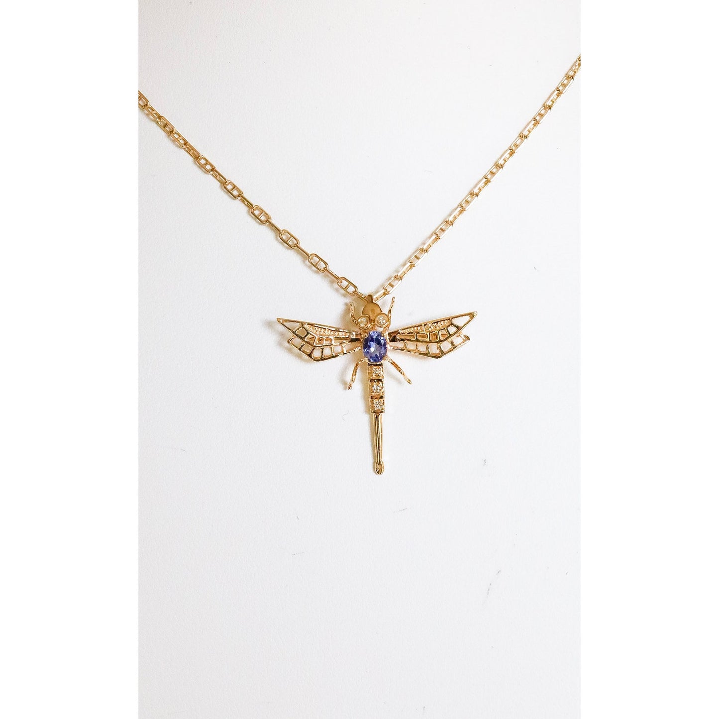 A 14K Yellow Gold Tanzanite and Diamond Dragonfly Brooch Pendant
