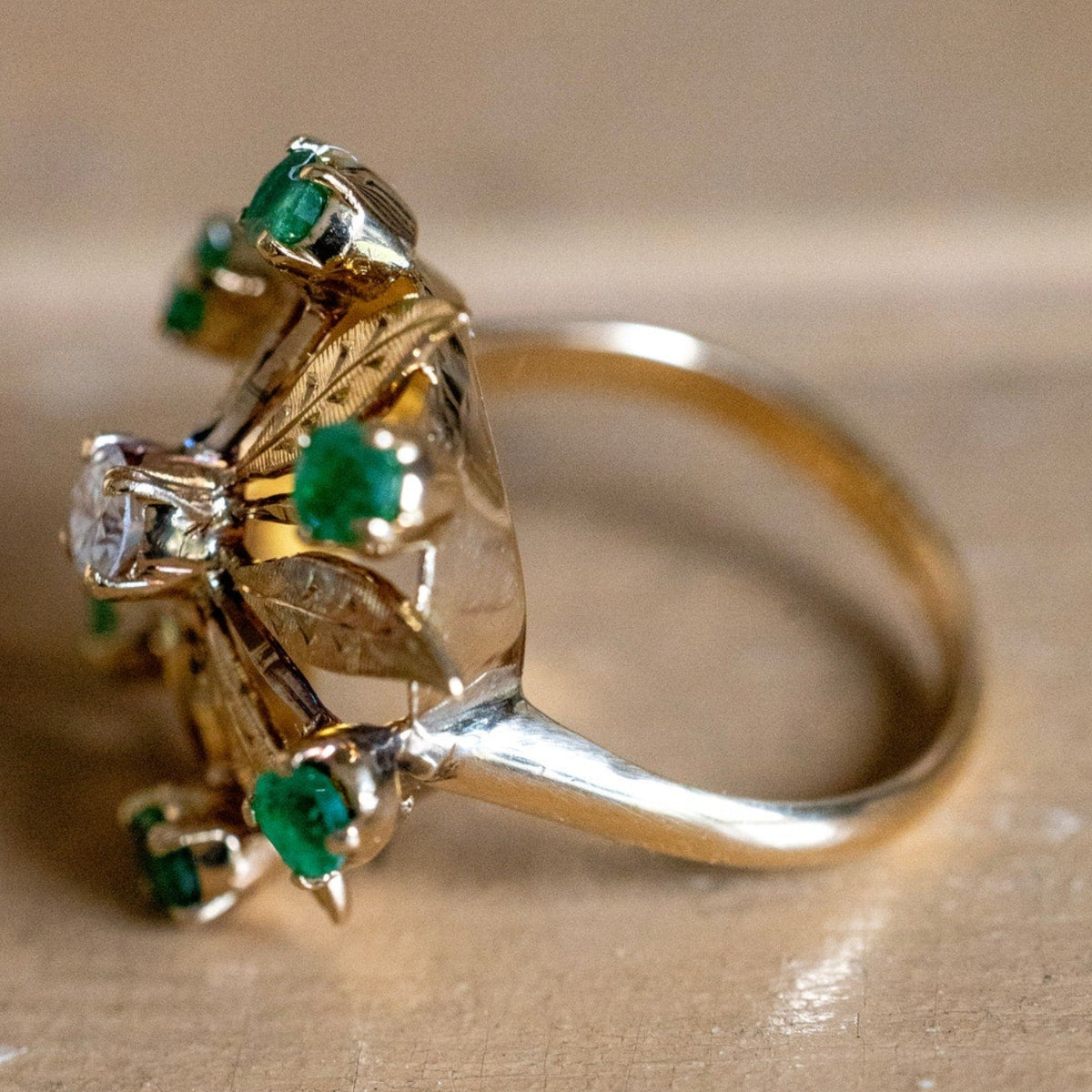 c1960 Vintage 18K Yellow Gold Natural Emerald and Diamond Pinwheel Cocktail Ring