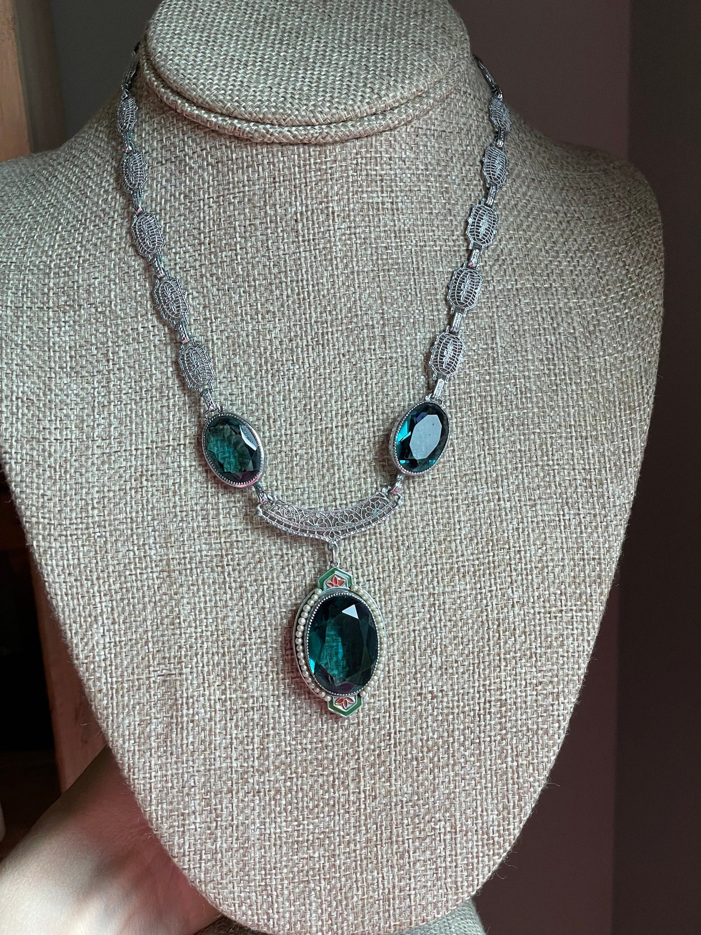 1930s Art Deco Necklace: Rhodium Plated Tourmaline Glass & Enamel