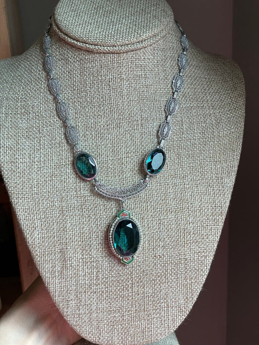 1930s Art Deco Necklace: Rhodium Plated Tourmaline Glass & Enamel