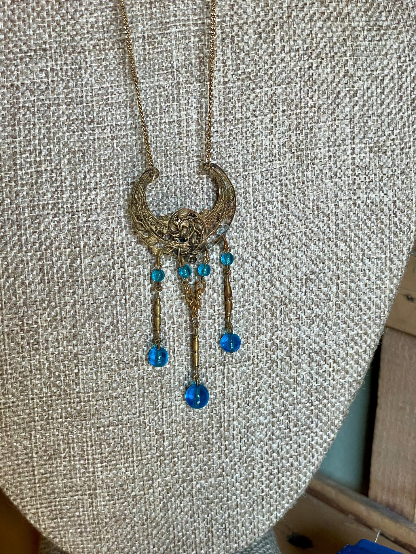 Antique Czechoslovakian Teal Glass Set Pendant in Crescent Moon with Pyrite Accents with Chain