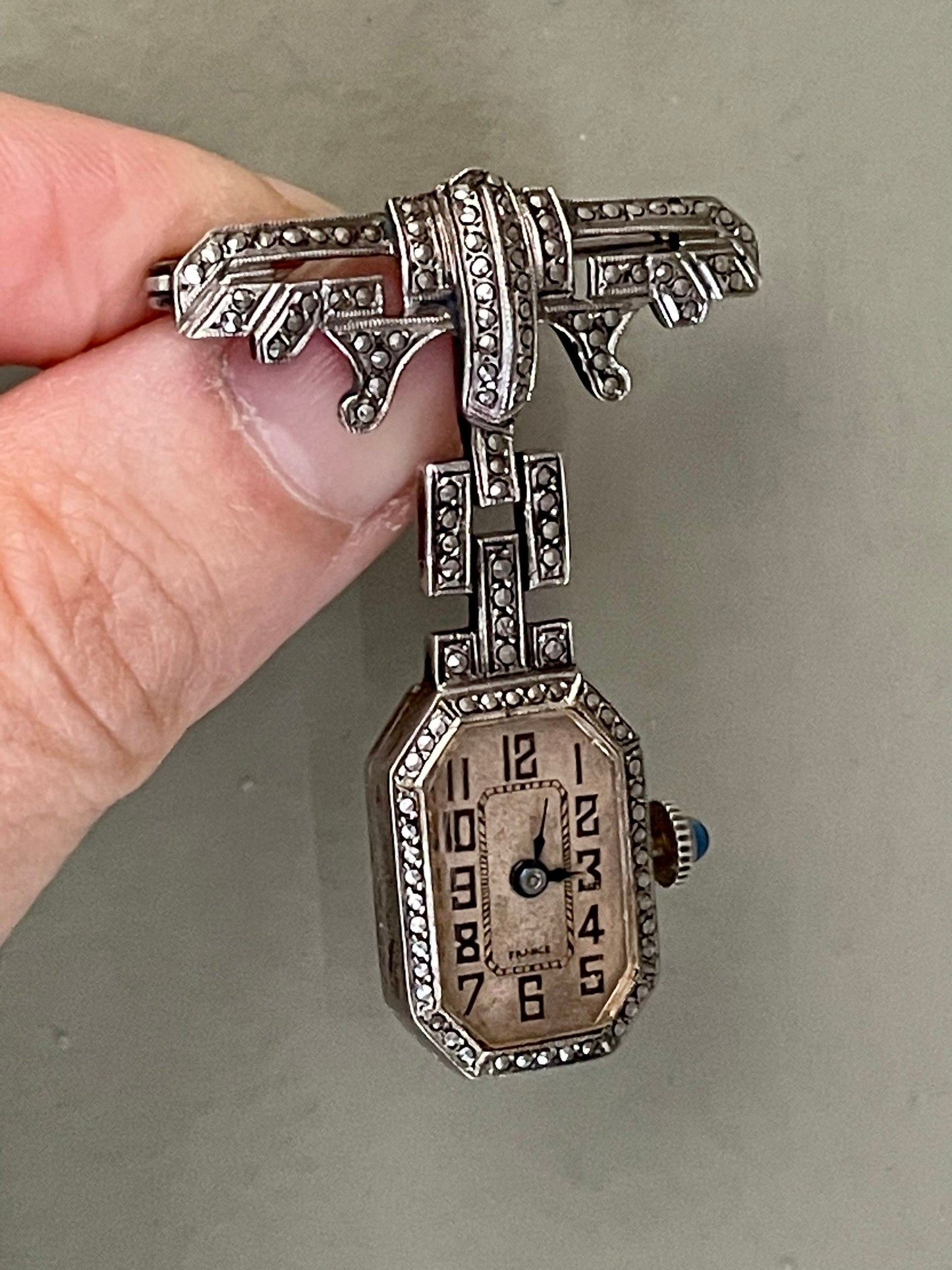 800 Silver Marcasite French Art Deco 1920 Watch Brooch