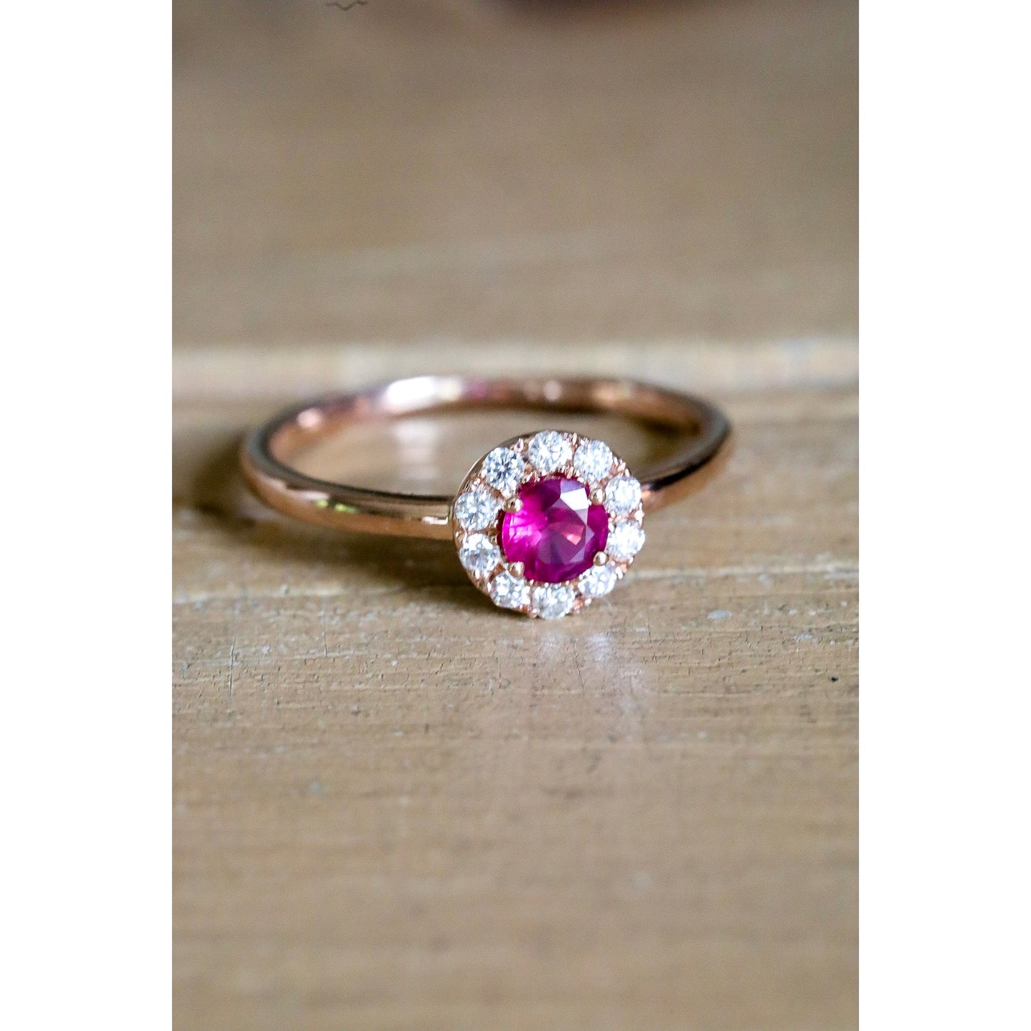 14K Rose Gold Natural Ruby and Diamond Halo Ring