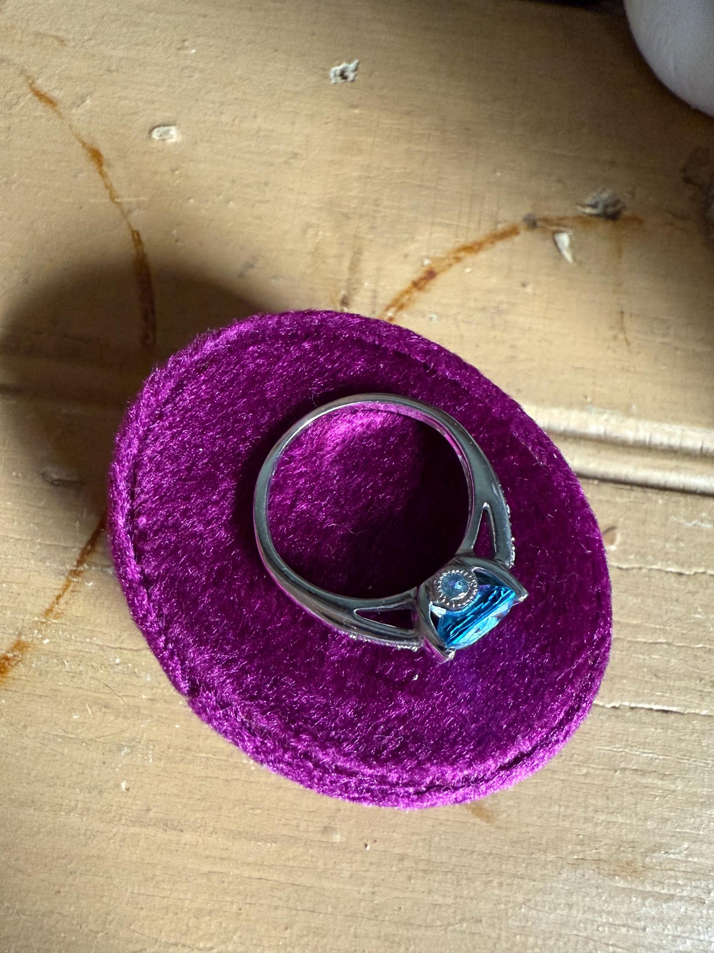 Vintage 10K White Gold Cushion Cut Blue Topaz and Diamond Ring