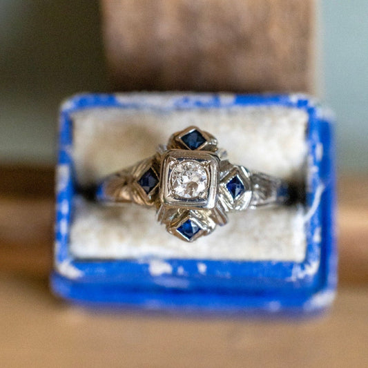 1930-1940 Art Deco 20K White Gold Old European Cut Diamond and Sapphire Ring