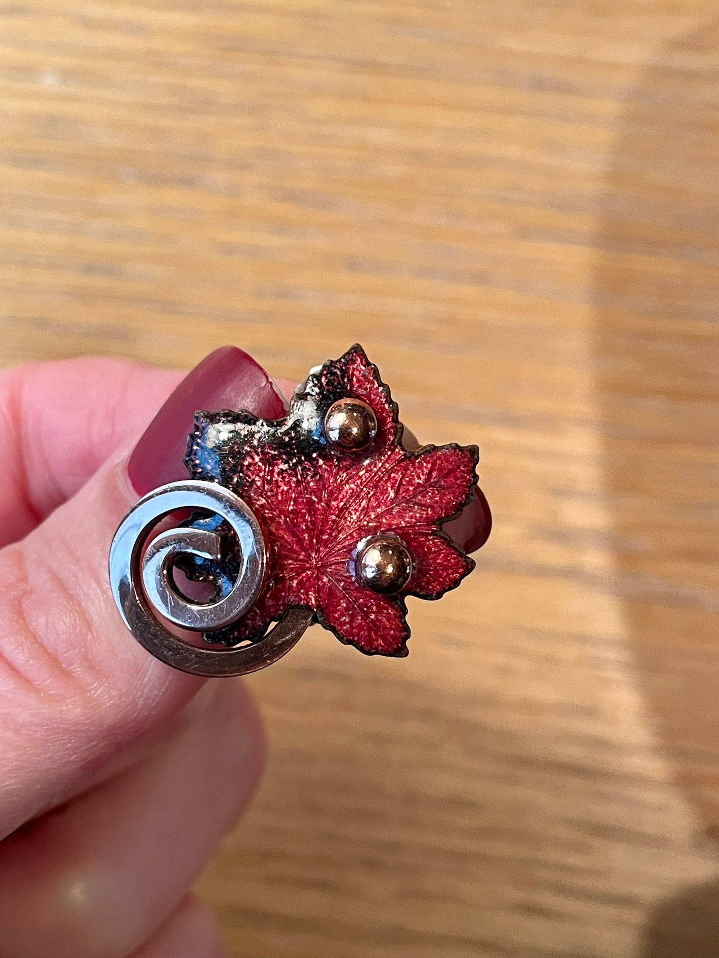 C1960 Matisse Enamel Copper Leaf Brooch and Clip Earrings