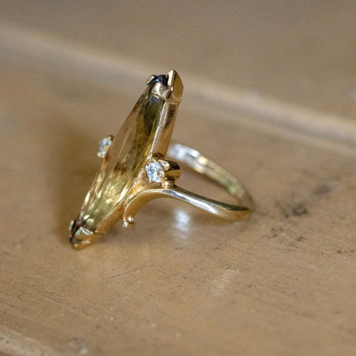 1960-1970 10K Yellow Gold Dramatic Marquis Cut Smoky Quartz Ring